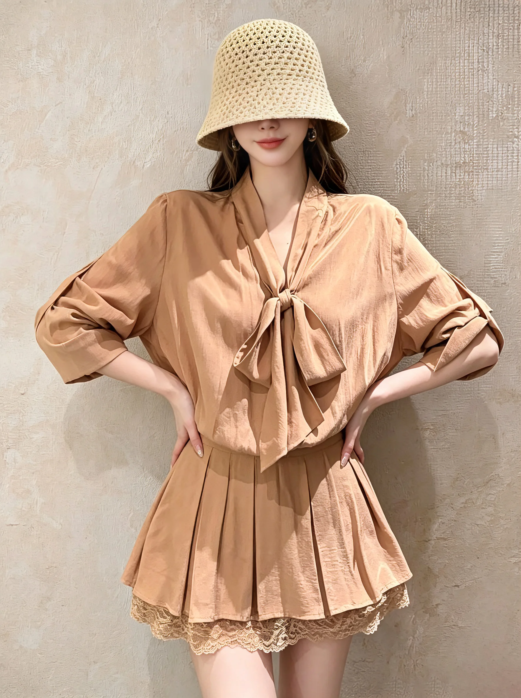 

Korean Style Long Sleeve Shirt Top Lace Skirt Pants Set Knot High Waist Casual Loose Fit Spring Fashion Ensemble