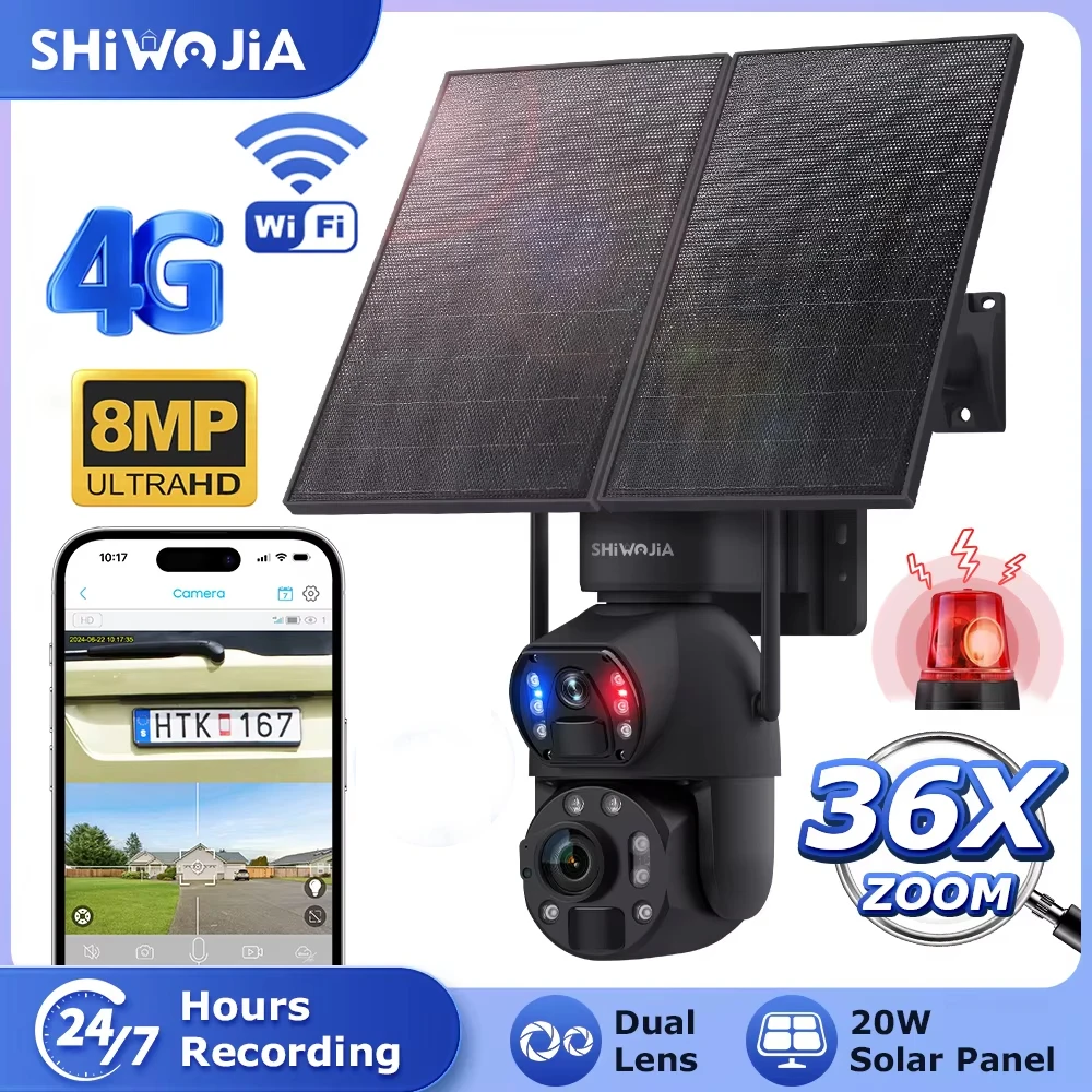 

SHIWOJIA 8MP 36X ZOOM 20W Solar Panel Cameras 4G SIM 20000mAh Battery Camera 360° Outdoor WIFI Dual Lens Recording Humanoid Cam