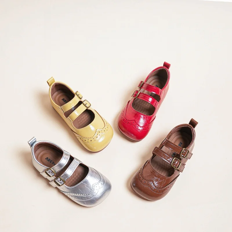 Girls Yellow & Red Leather Flats Autumn Winter Kids Anti-Slip Mary Janes Princess Soft Sole Shoes Girls Shoe