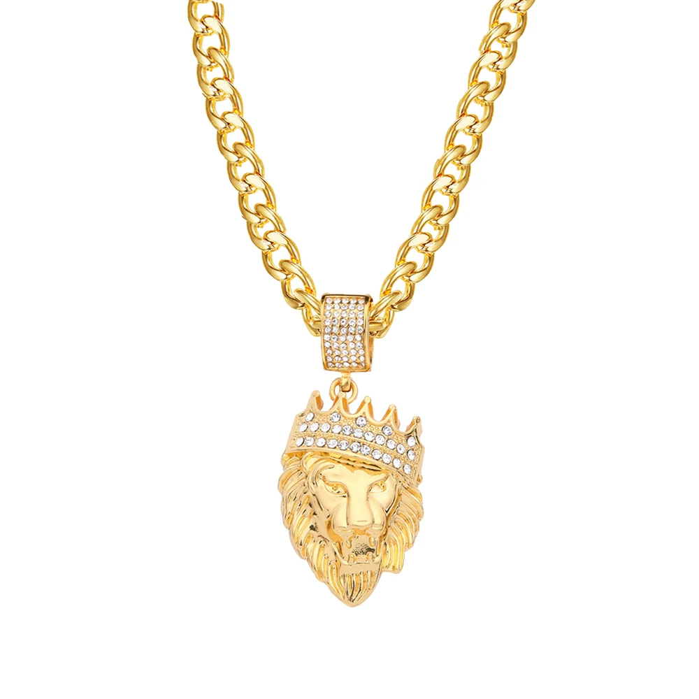 

Stainless Steel Crown Lion Chain Head Pendant Iced Out Bling Gold Color Animal Necklace for Men Hip Hop Jewelry Dropshipping