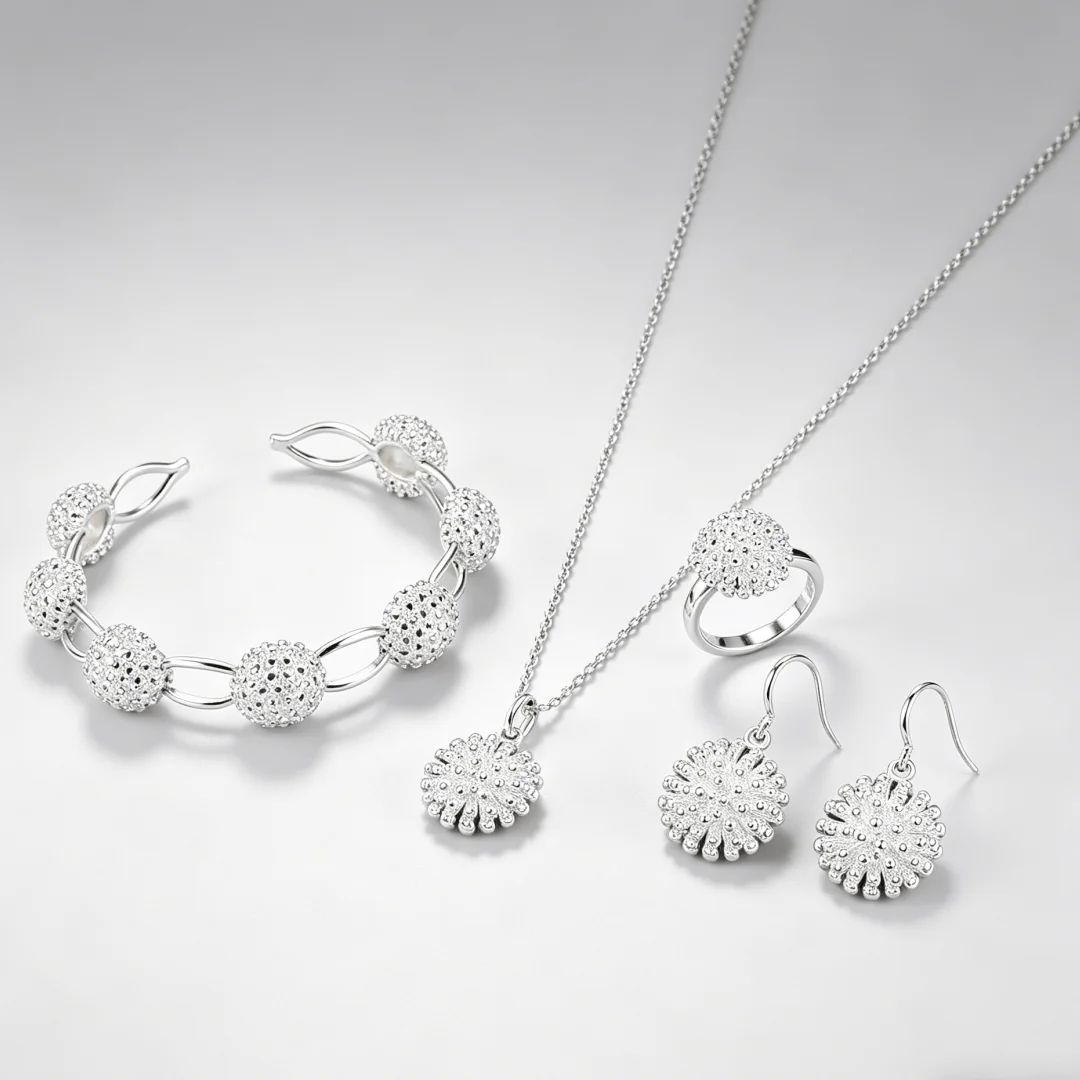 

New fashion 925 sterling silver flower bangle necklace earring bracelet rings for women Street Versatile Jewelry set Party Gifts