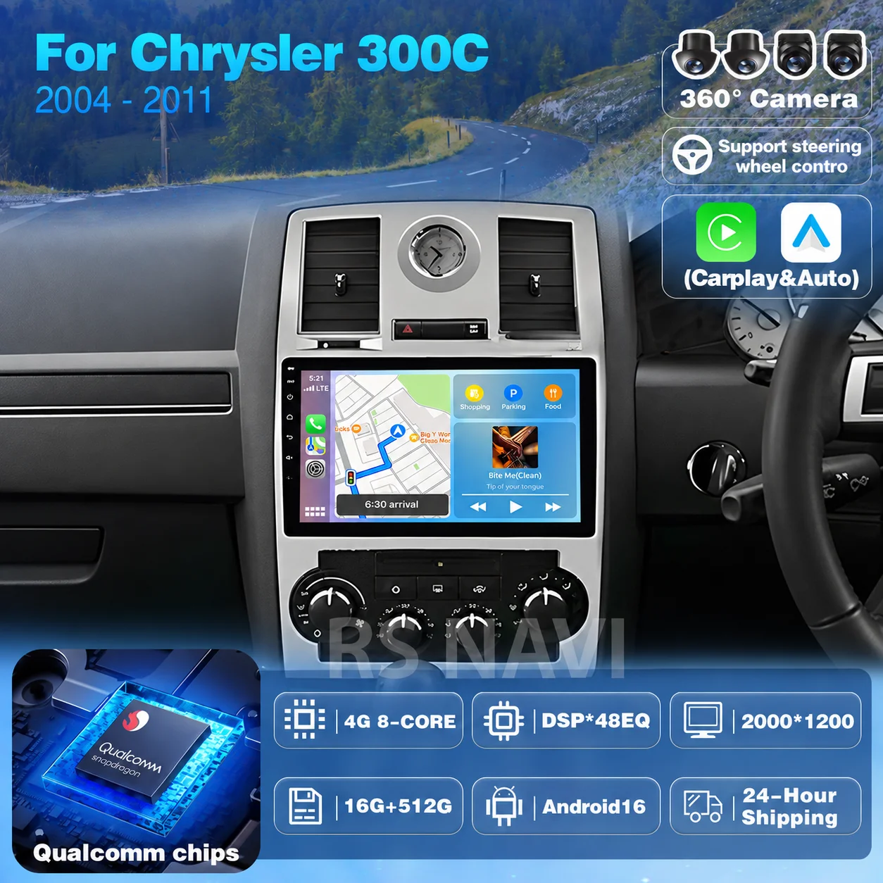 Plug and Play Android 16 Carplay Auto Qualcomm Screen Car Radio Player For Chrysler 300C 2004 - 2011 GPS Wifi Multimedia Stereo