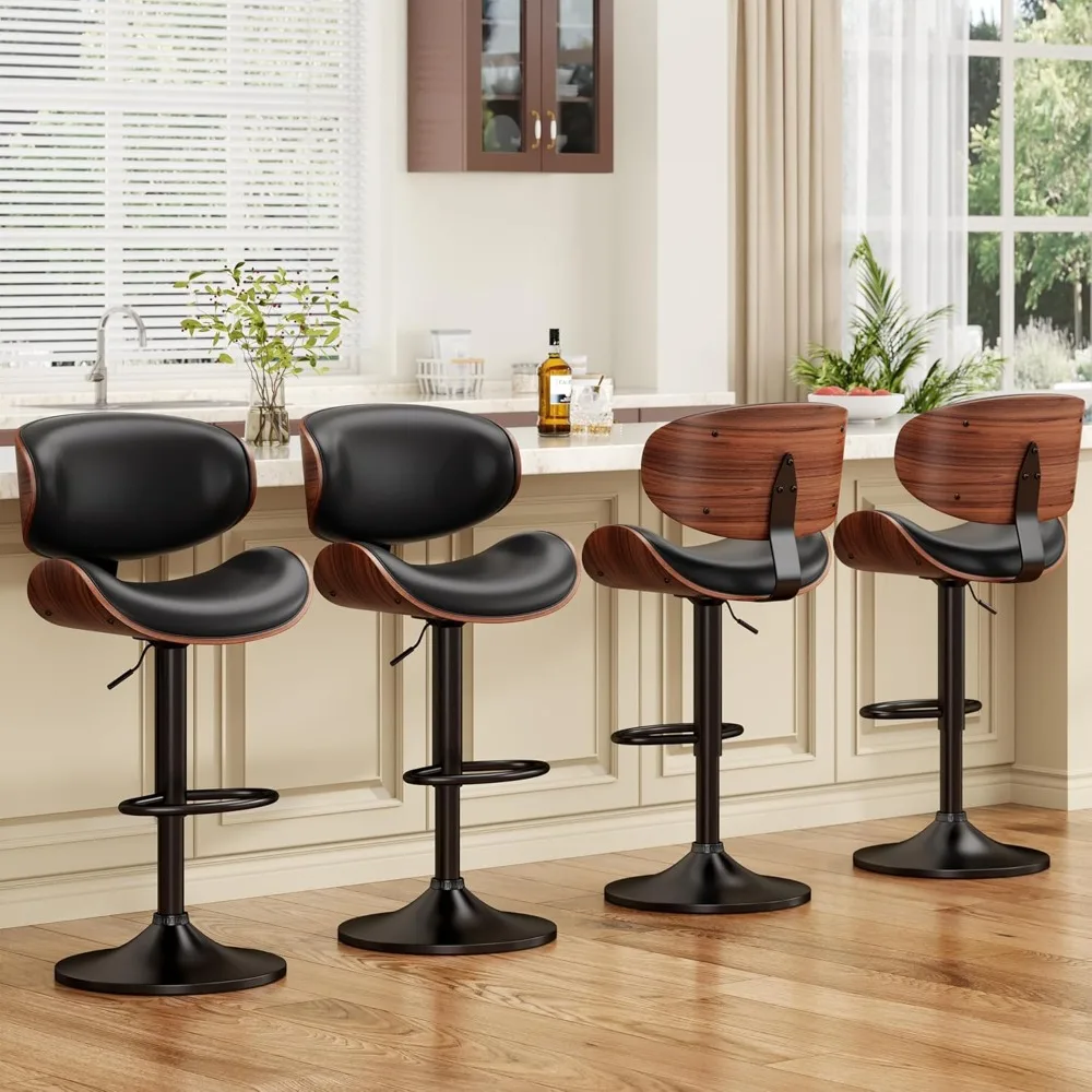 

Bar Stools Set of 4, Bentwood Adjustable Height Swivel Bar Stools, PU Leather Upholstered Bar Chair with Back