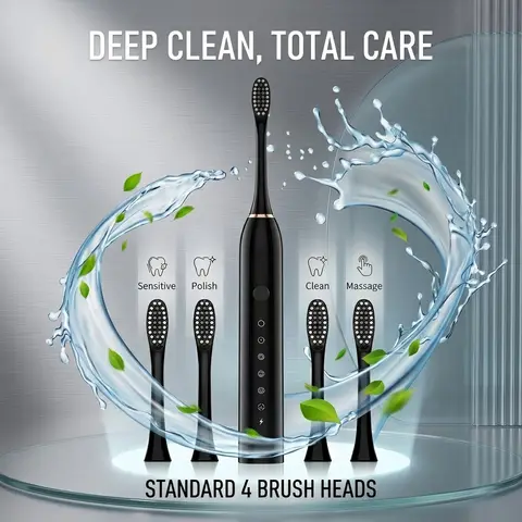 Electric Toothbrush for Adults - 6 Modes, USB Rechargeable, Effective Teeth & Gum Cleaning, Includes 4 Replacement Head