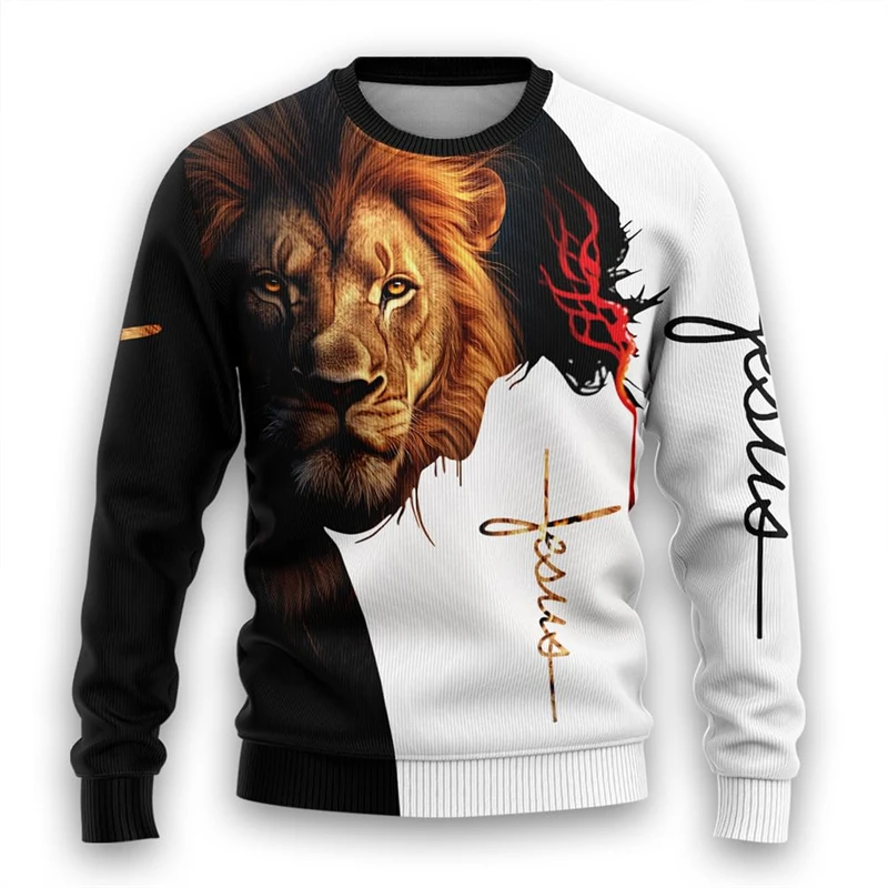 

Men‘s Christian Lion Graphic Sweatshirts God Jesus Ugly Christmas Sweater For Women Clothes Casual Cross Long Sleeve Man Pullove