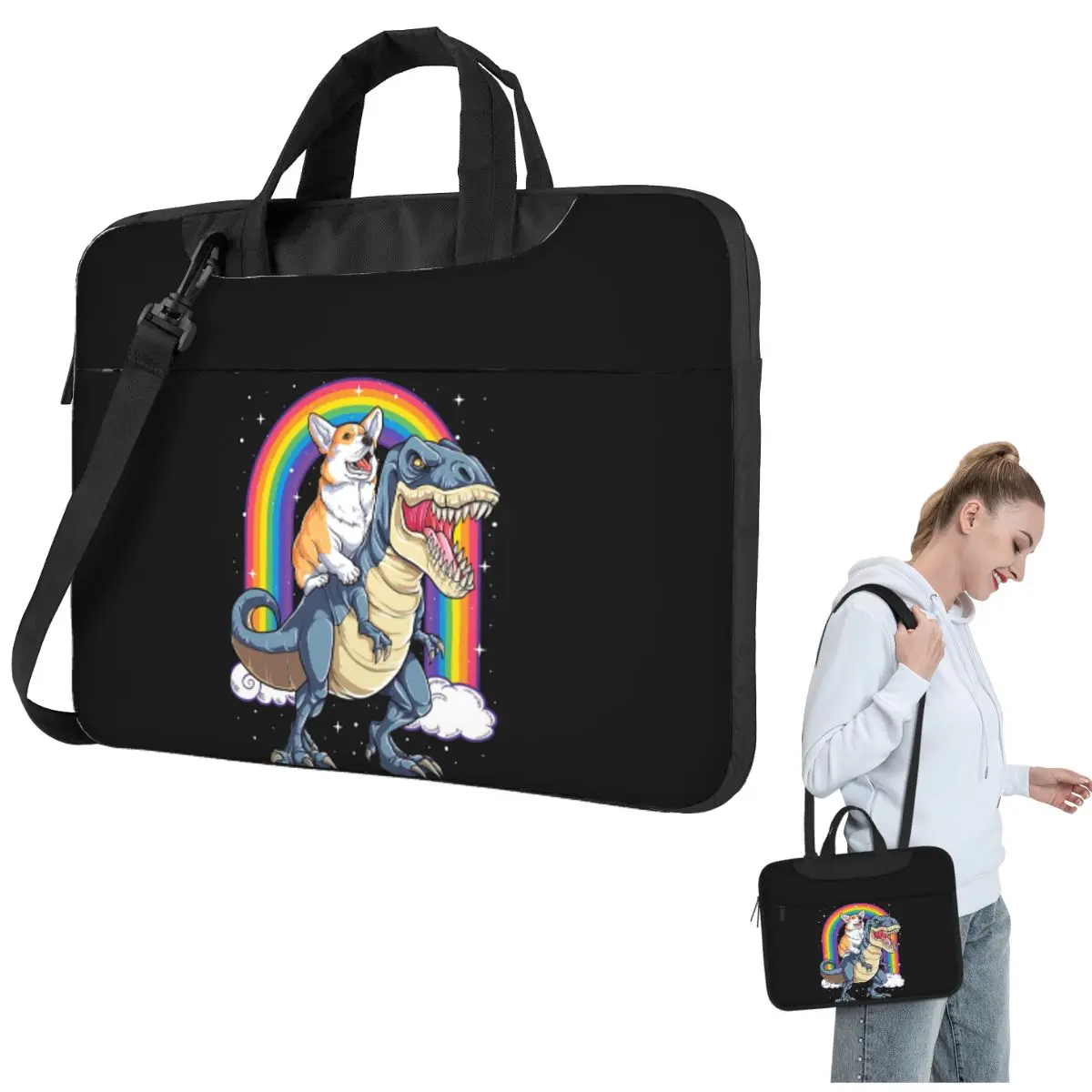 

Corgi Riding Dinosaur T Rex Rainbow Dog Crossbody Laptop Bag Case Computer Bag Resistant Protective Notebook Pouch for Macbook