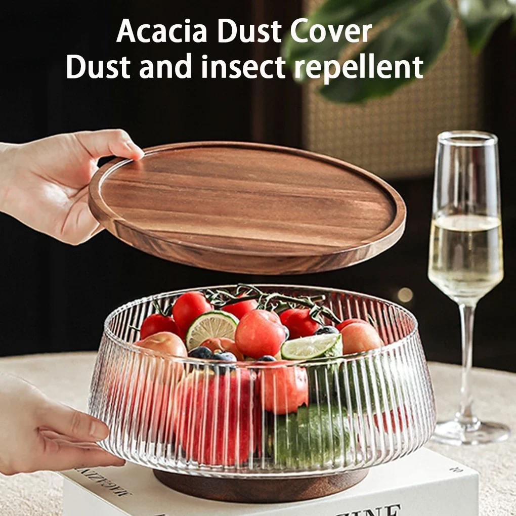 Glass Fruit Bowl Creative Large Salad Bowl Wood Base Snacks Popcorn Nuts Storage Bowls Home Christmas Snack Storage Container