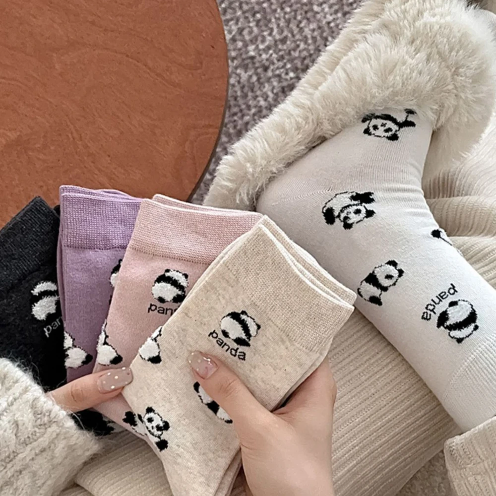 5pairs Fashion Cute Cartoon Panda Socks for Women Kawaii Animal Print Middle Tube Sock Autumn and Winter Breathable Cotton Socks