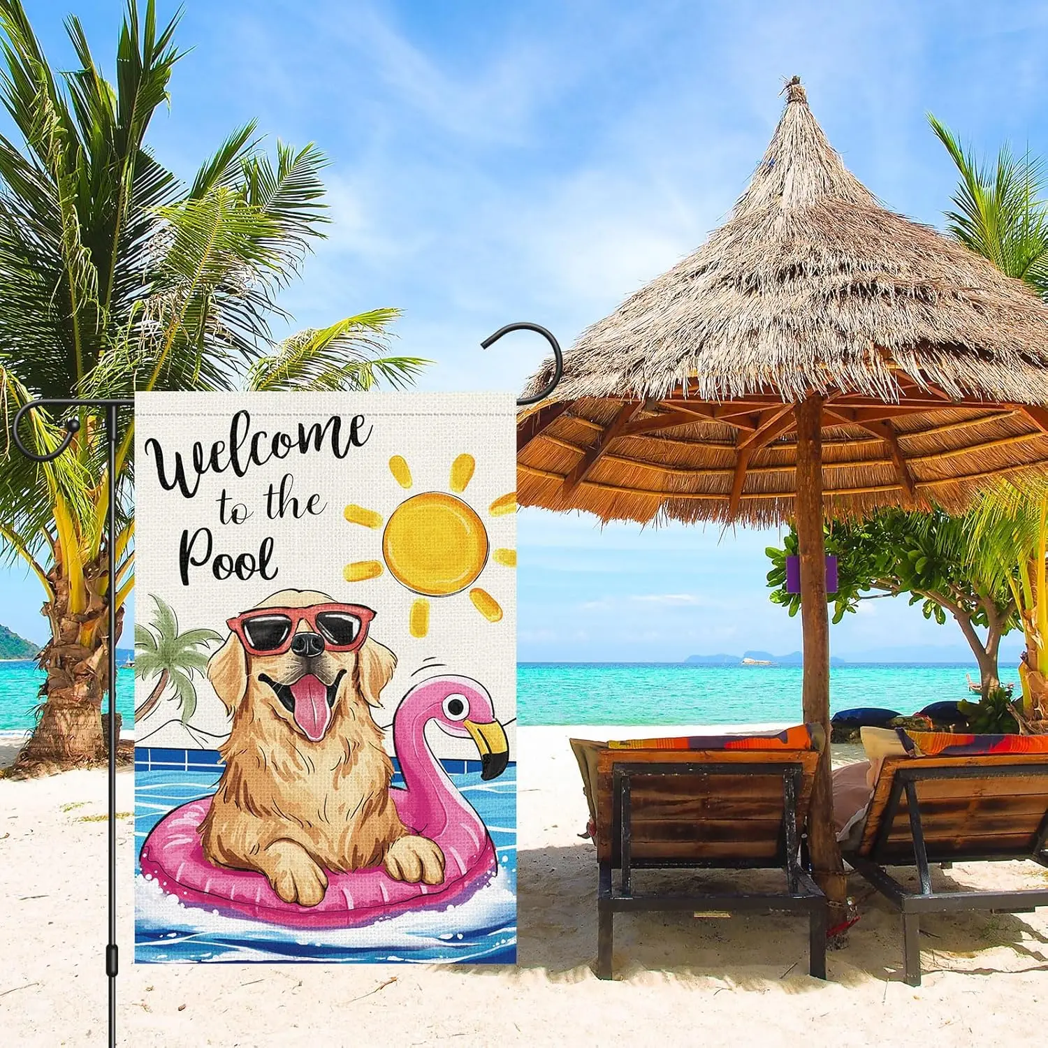 Louise Maelys Welcome Summer Pool Garden Flag 12x18 Double Sided, Burlap Small Golden Retriever Dog Garden Yard House Flags Outs