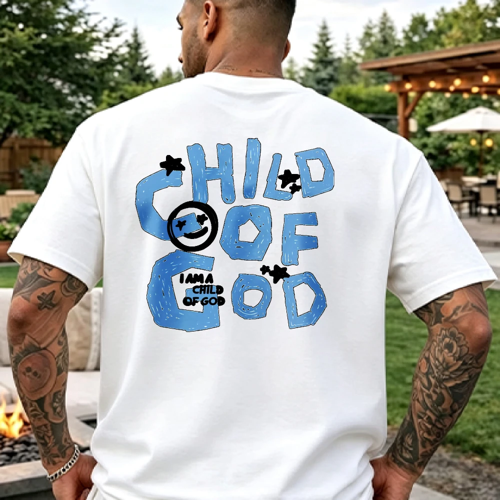 Child of God Graffiti T-Shirt  I Am A Child of God Smiley Graphic Tee Christian Faith Back Print Cotton Shirt Religious Gift Top