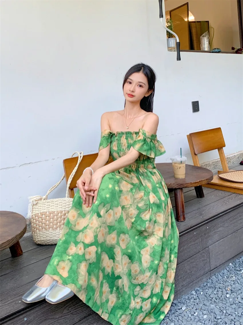 

Beach Vacation Green Chiffon Skirt Slimming Slim Waist Dress Summer Women's Beach Skirt Mid length Skirt