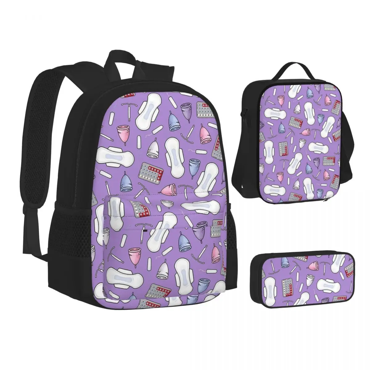 

Period Protection, PMS Ready In Purple Backpacks Bookbag School Bags Children Rucksack Lunch Bag Pen Bag Three-Piece Set