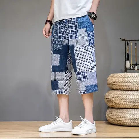여름 얇은 자른 바지 도파민 느슨한 캐주얼 바지 남성 캐주얼 바지 유행 대형 비치 바지 반바지