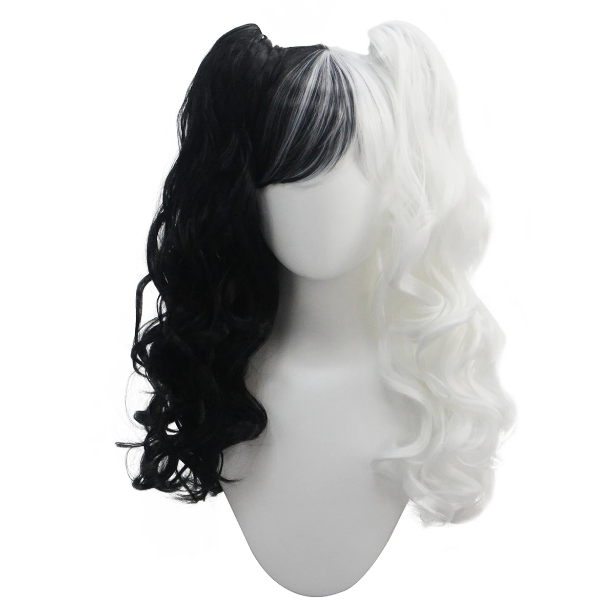 

Two Tone Split Black White Wavy Double Ponytail Wig Synthetic Cosplay Wig For Halloween Theme Party Role Play
