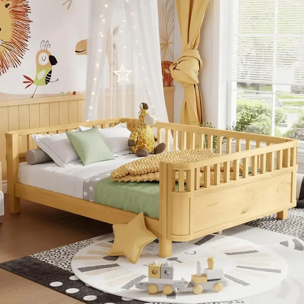 

Full-Size Kids Bed with Low Profile, Rail Included, Suitable for Boys & Girls, No Spring Box, Squeak-Free, Natural Wood Daybed
