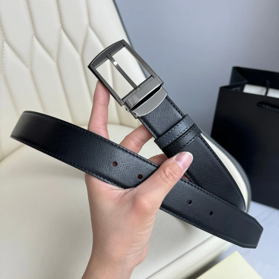 Business Formal Waist Strap Luxury Brand Men's Reversible Cross‑Grain Leather Belt Rotatable Pin Buckle Black Grey Dual‑Sided