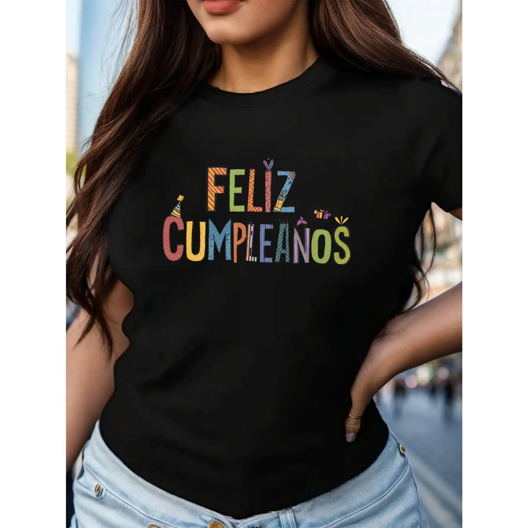 

Women's "Feliz Cumpleaños" T-Shirt | Spanish Birthday Party Graphic Tee | Colorful Latino Heritage Gift Top
