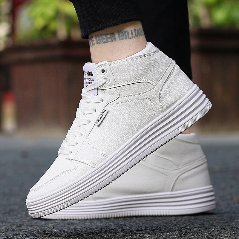 Fashion Platform Men White Sneakers Leather High Top Casual Sneakers Men Comfortable Lightweight Unisex Black Skateboard Shoes