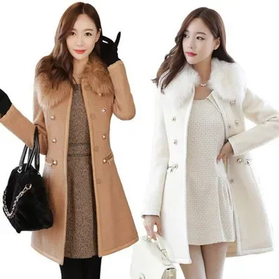 Pop 2025Autumn Winter Women Woolen Jacket New Style Fashion Fur Collar Mid-Long Blends Coat Thicken Double-faced Plush Coat