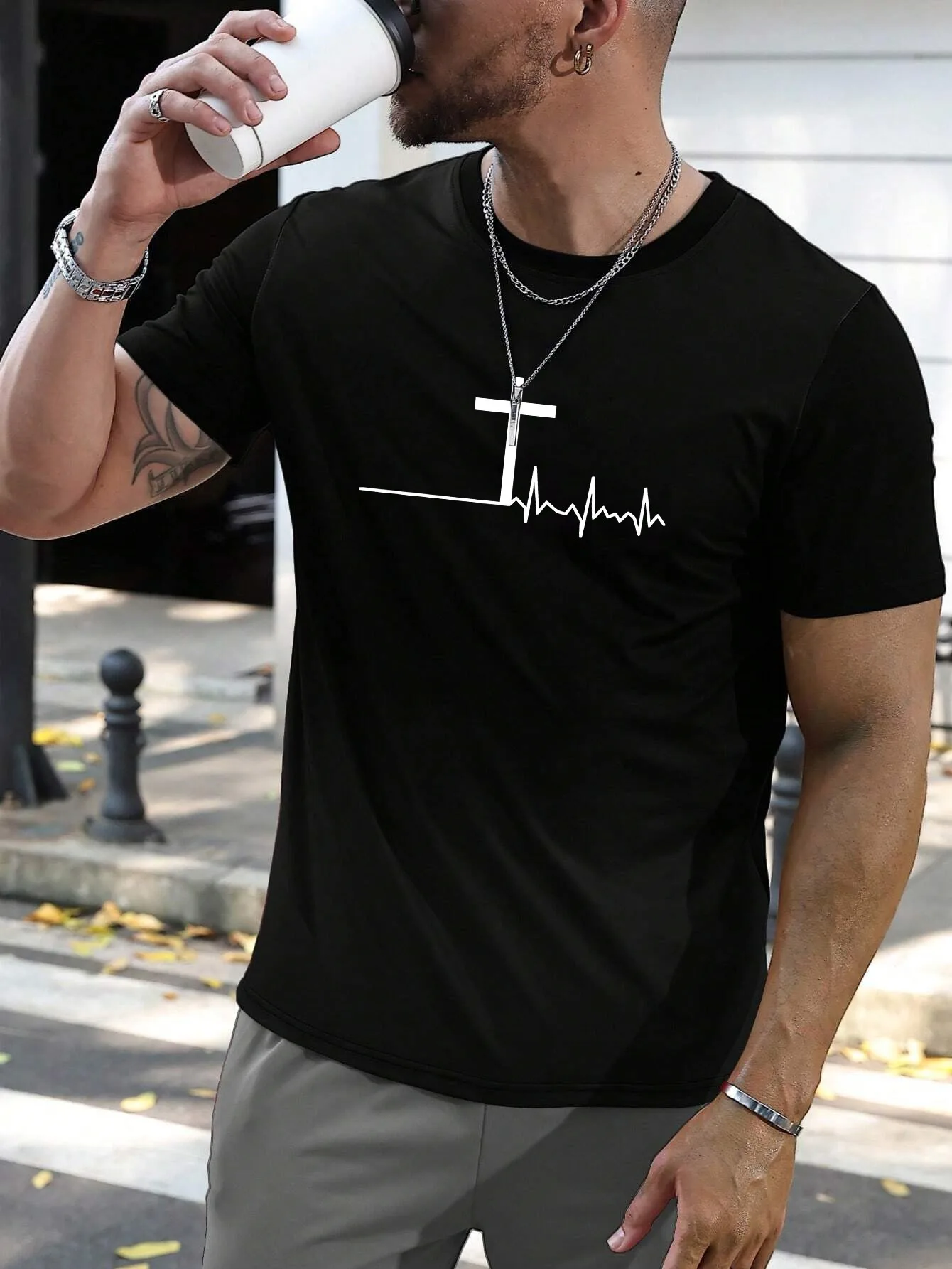 Christian Cross Heartbeat Graphic Mens T Shirt Religious Faith Line Art Short Sleeve Crew Neck Cotton Tee Street Casual Wear Top
