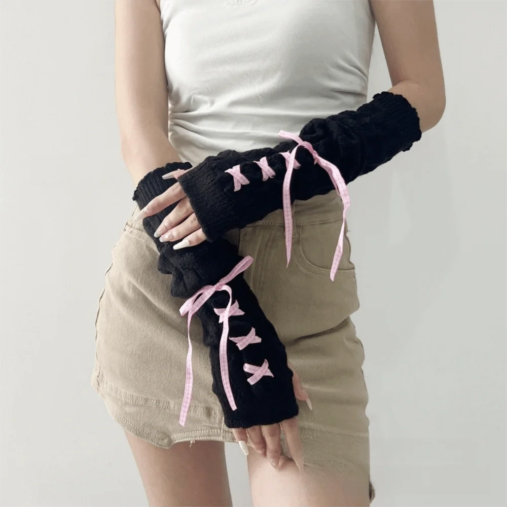 Fashion Long Arm Warmer Gloves Knitted Cold Proof Warm Arm Sleeve with Ribbon Fingerless Gloves Autumn Winter