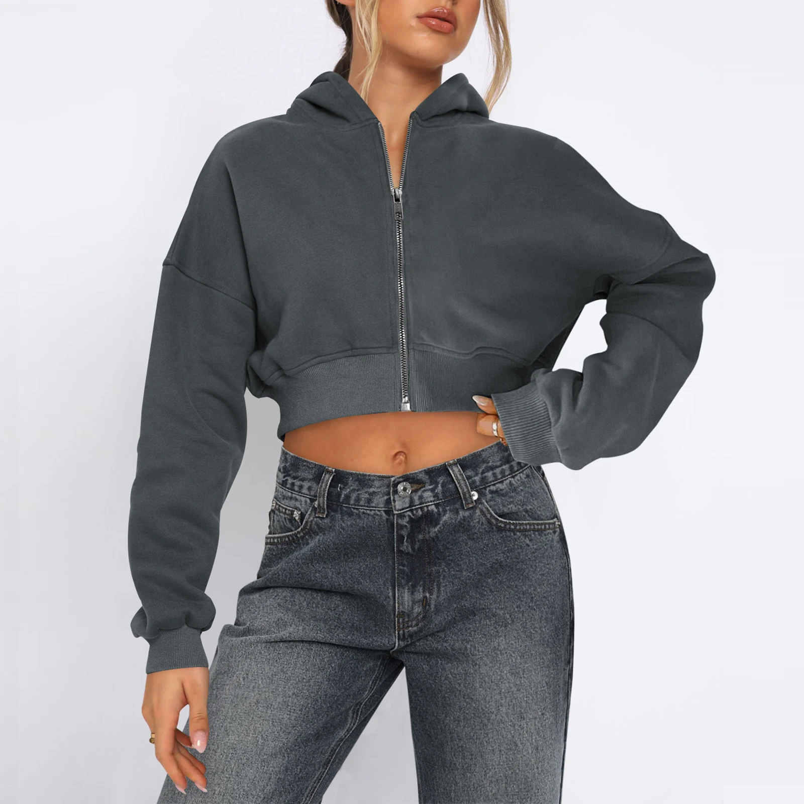 Women's Long Sleeve Zip up Cropped Hoodie Solid Color Fashion Sweatshirt Streetwear Top