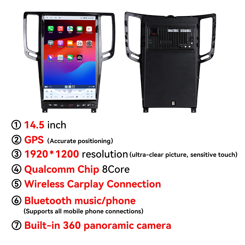 Radio para Auto con CarPlay Inalámbrico y Sistema Operativo Android 15 de 14.5 Pulgadas para Infiniti Serie G 2007-2016, Pantalla HD IPS, GPS, Navegación, Multimedia, Estéreo