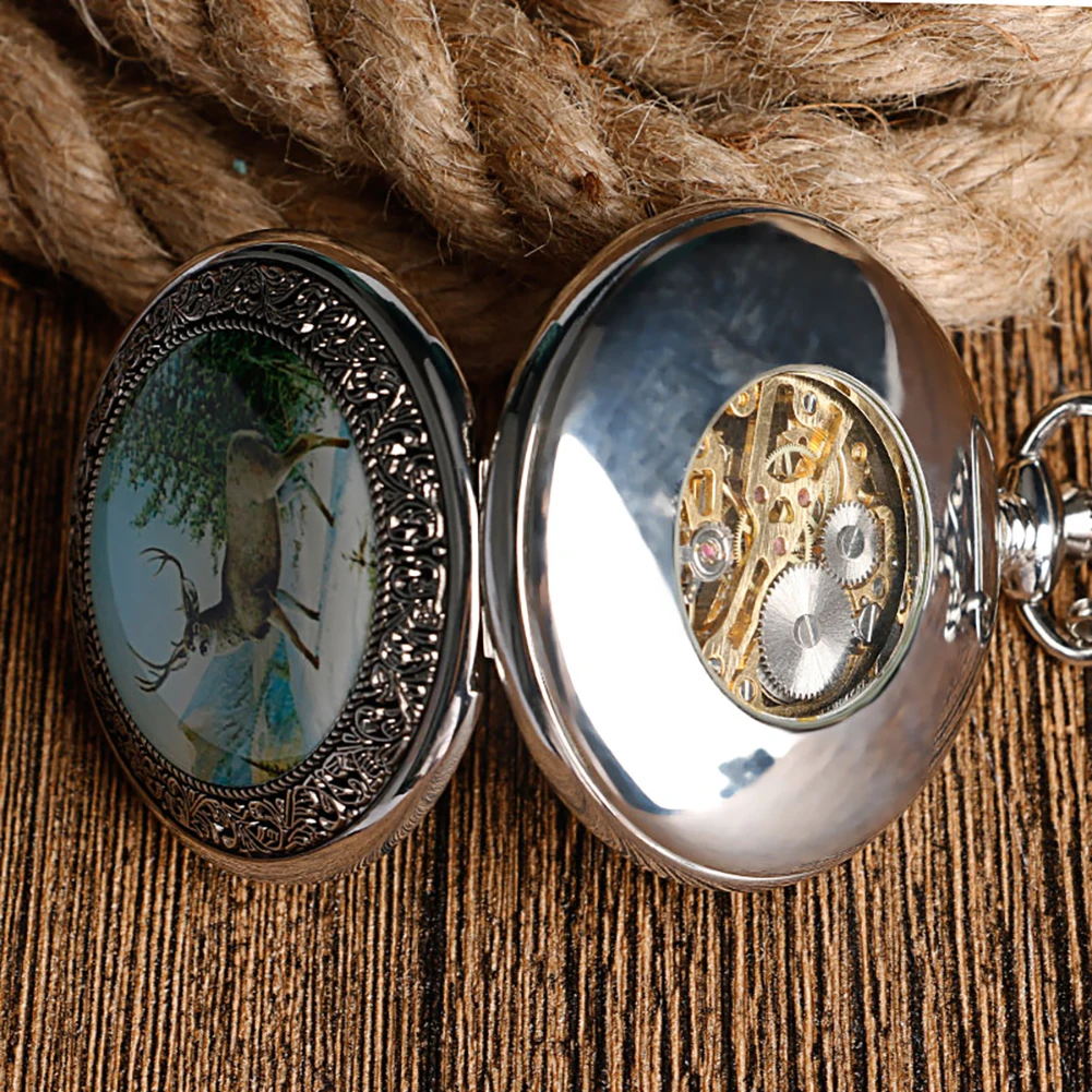Серебряные/бронзовые ретро механические карманные часы с ручным заводом, декор с рисунком оленя, полный брелок-цепочка для охотника, кулон, часы, рождественский подарок