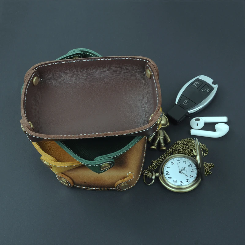 Retro Genuine Leather Storage Tray Jewelry Watch Plate Key Wallet Dice Coin Storage Box Home Office Desktop Sundries Organizer