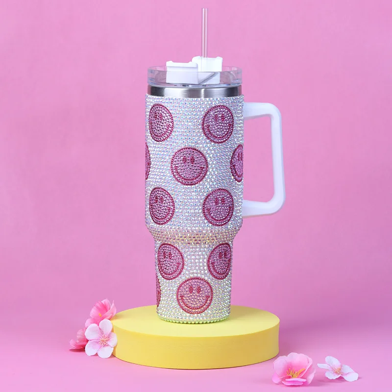 Vaso decorado checo, vaso de cristal personalizado con fijación en caliente y diamantes de imitación, termo de acero inoxidable de calidad alimentaria, taza de café al vacío con purpurina