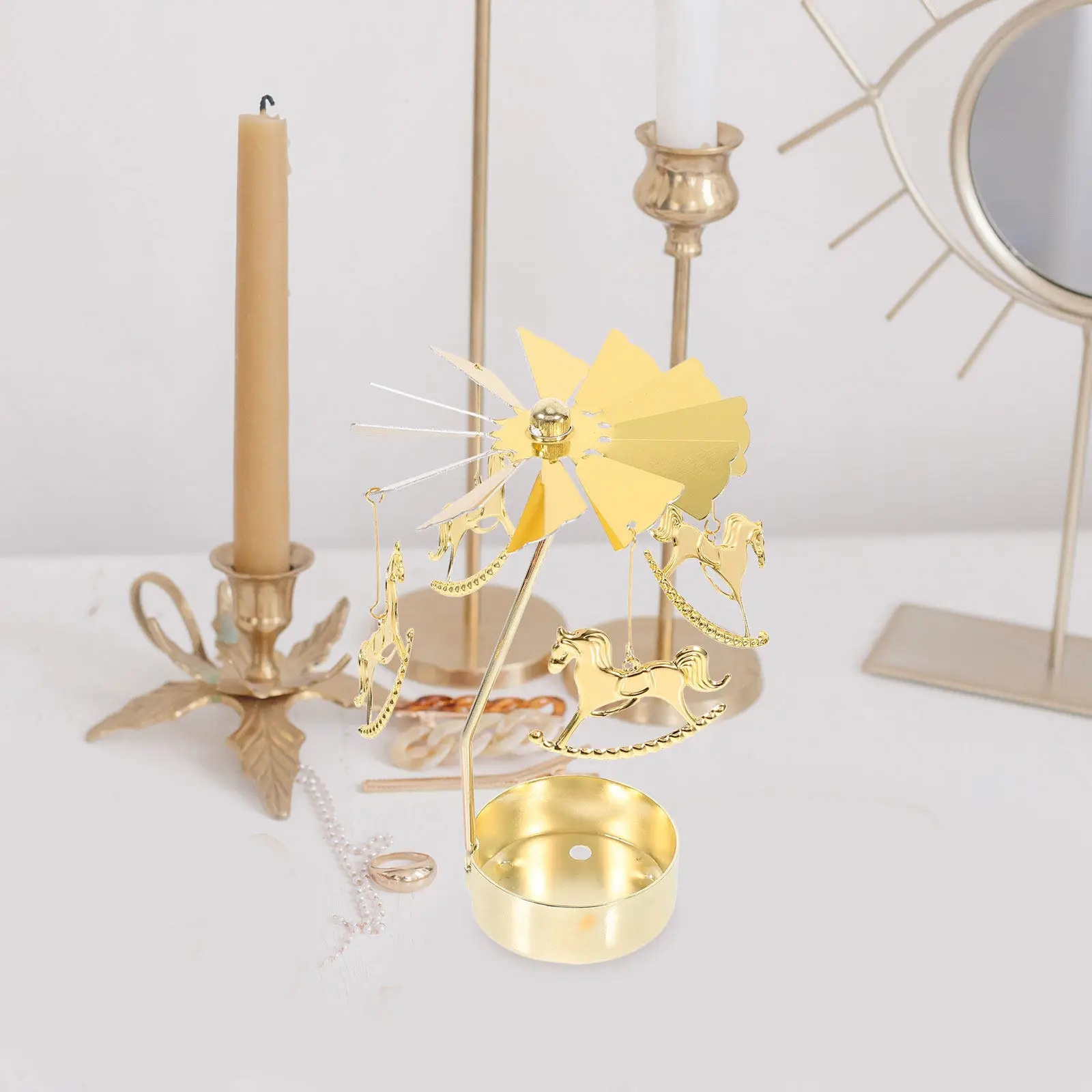 2Pcs Golden Carousel Tea Light Holder Rotating Metal Candlestick for Christmas New Year Decor Spinning Windmill Holder