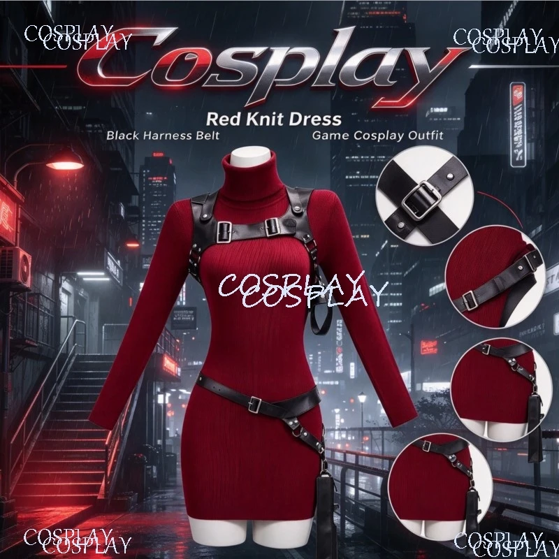 Belt Decoration Punk 3D Props Wigs Full Set Halloween Adada Wang Costume Red Red Sweater Mini Dress Party Cosplay Anime Game RE4