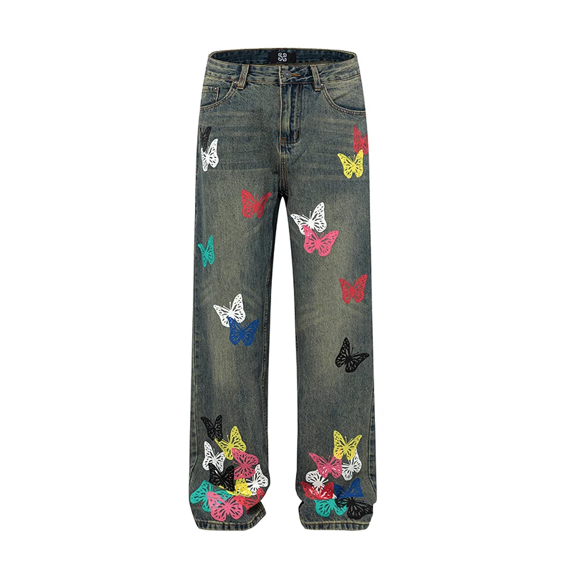 2024 fall new high-end retro loose straight men's jeans personalized butterfly print men and women with the same models