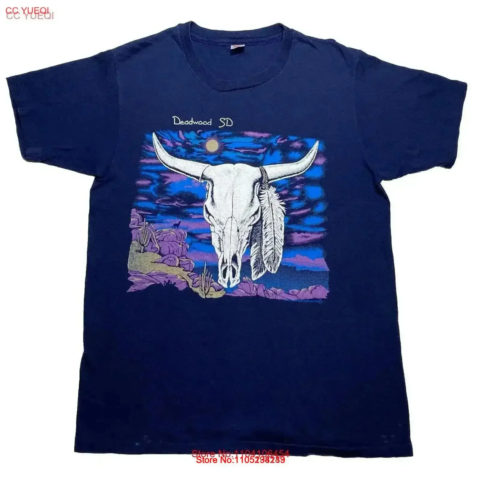 خمر ديدوود ساوث داكوتا الجمجمة الذئب تي شيرت الرجال ثقوب زرقاء كبيرة البقع غسلها امتدت الرسم قليلا لينة خمر #1