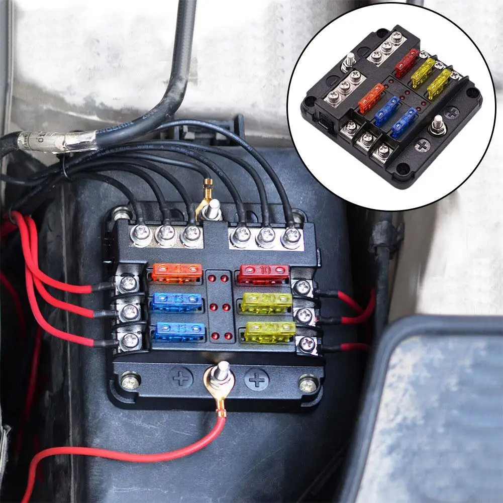 Caja de fusibles de 6/12 vías, indicador de advertencia LED, 12V, 32V, Panel de distribución de energía, soporte de caja de fusibles para coche y