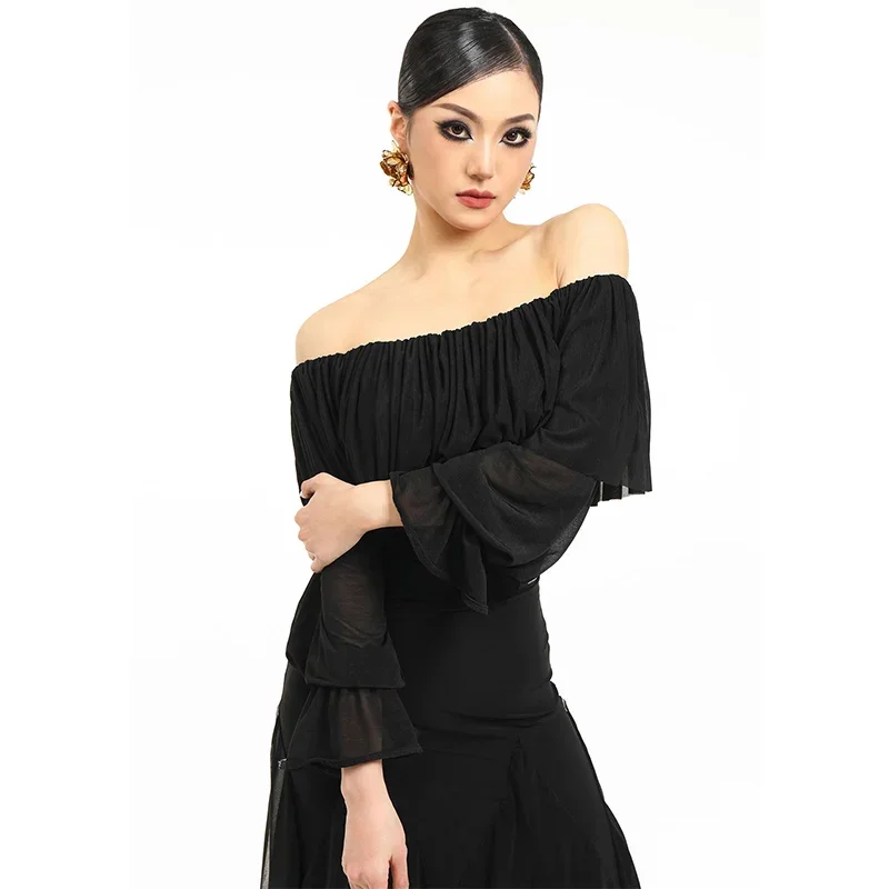 Off Shoulder Ballroom Dance Tops Black Ruffled Leotards Adult Women Waltz Dance Clothes Performance Costume Latin Tops DNV21835