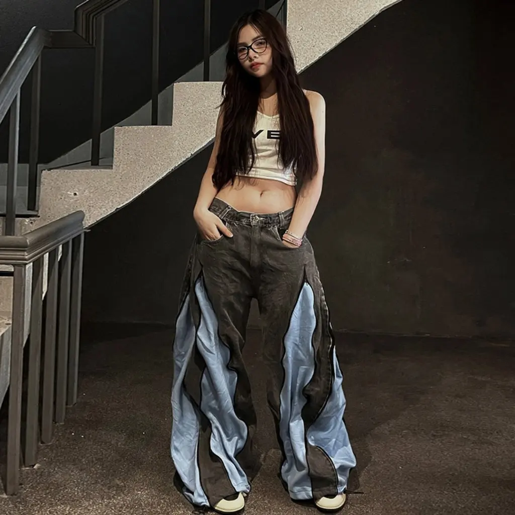 

Темные индивидуальные брюки с низкой талией, свободные широкие джинсы на молнии в стиле рок, женская мода, уличный стиль