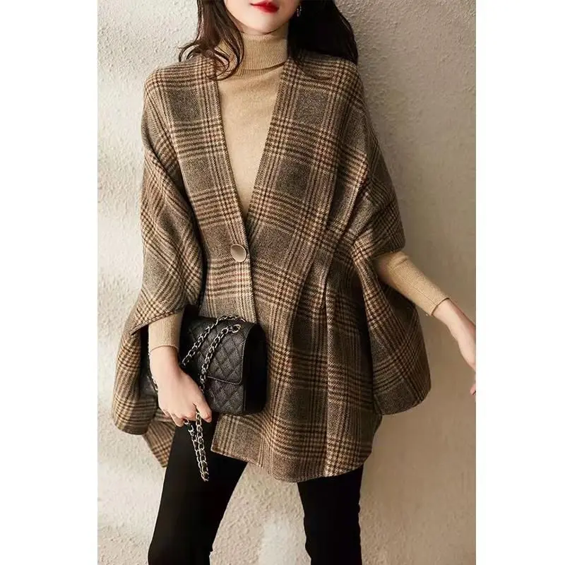 Woll mantel Frauen neue lose vintage plaid Western-stil Französisch cape mantel in herbst und winter 2023 casual mantel weibliche tops