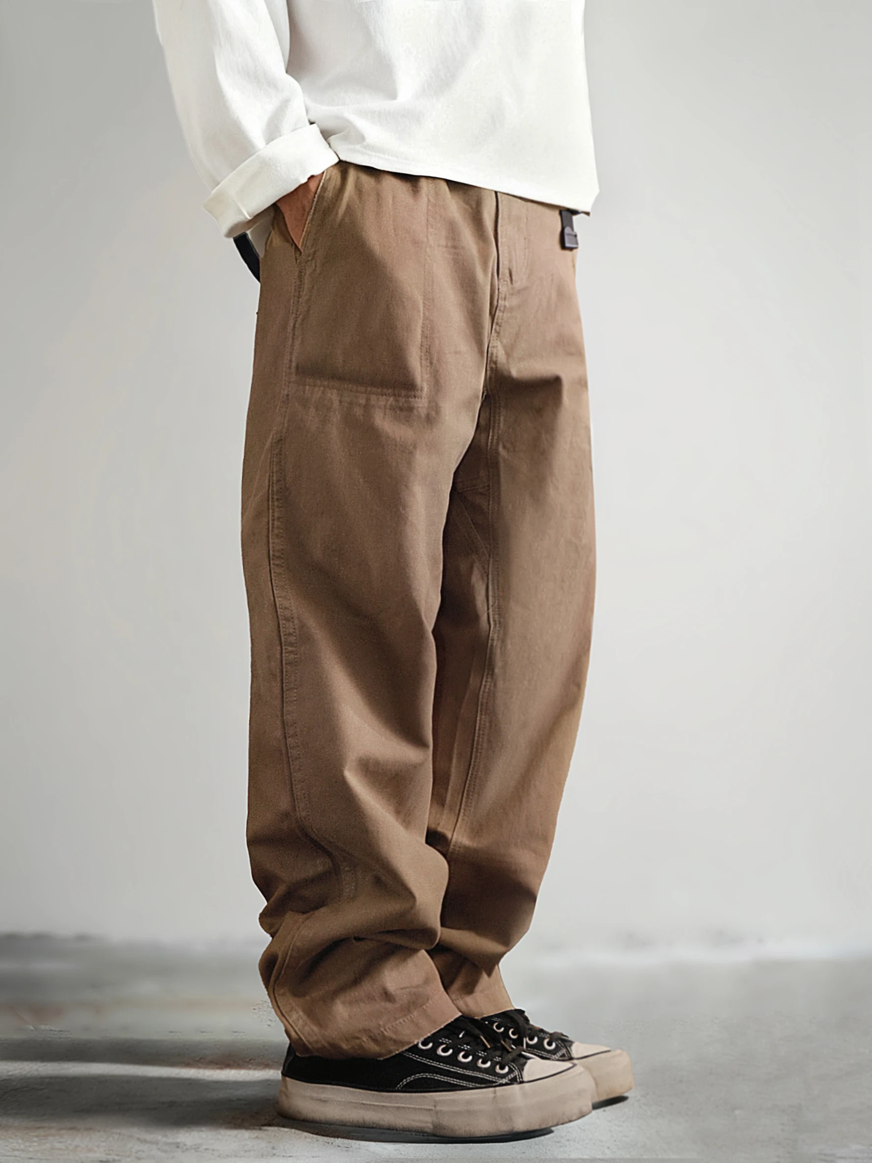 

Vintage Japanese Streetwear Loose Straight Leg Casual Trousers Pure Color Worn ket Belted Summer Men's Cotton Pants