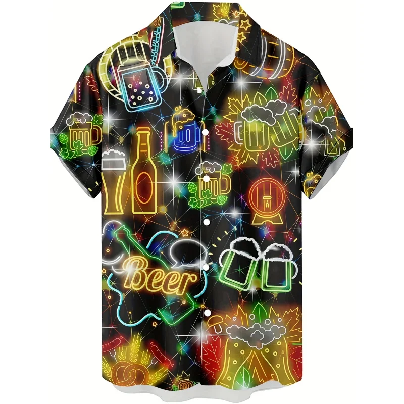 

Men's Casual Short Sleeve Shirt, Featuring 3D Neon Beer and Party Patterns - Retro Street Style Hawaiian Shirt, Vibrant Graphic