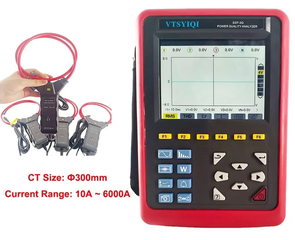 3-Phase 4-Wire Power Quality Analyzer with Current Range 10-6000A CT Size Ф300mm Battery symbol 5 grid   Display power