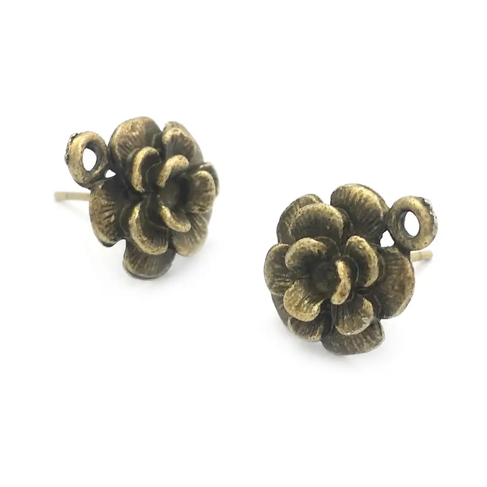 20PCS Antique Bronze Color Alloy+Steel Needle Flower Stud Earrings Diy Jewelry Making Supplies Earrings Accessories for Women