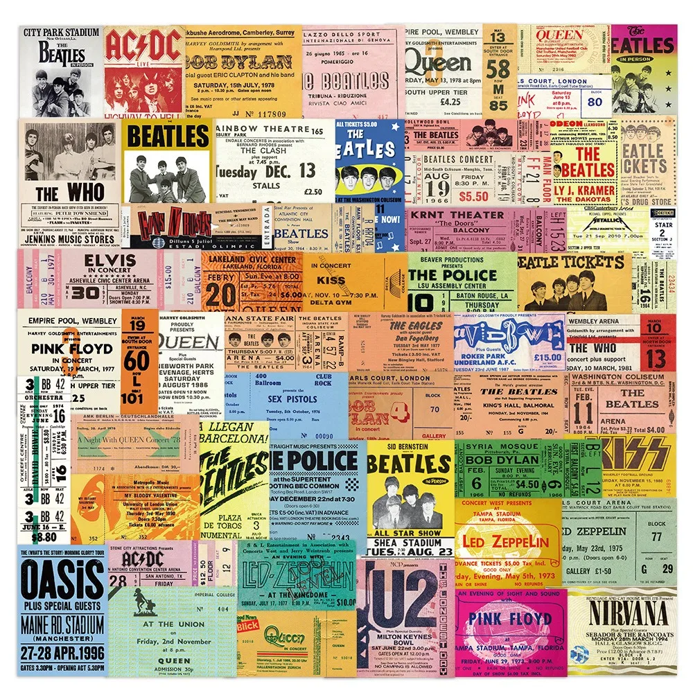 55pcs Retro Rock Band Tickets Graffiti Stickers Aesthetic Phone Bike Wall Scrapbook Motorcycle Waterproof Cartoon Sticker