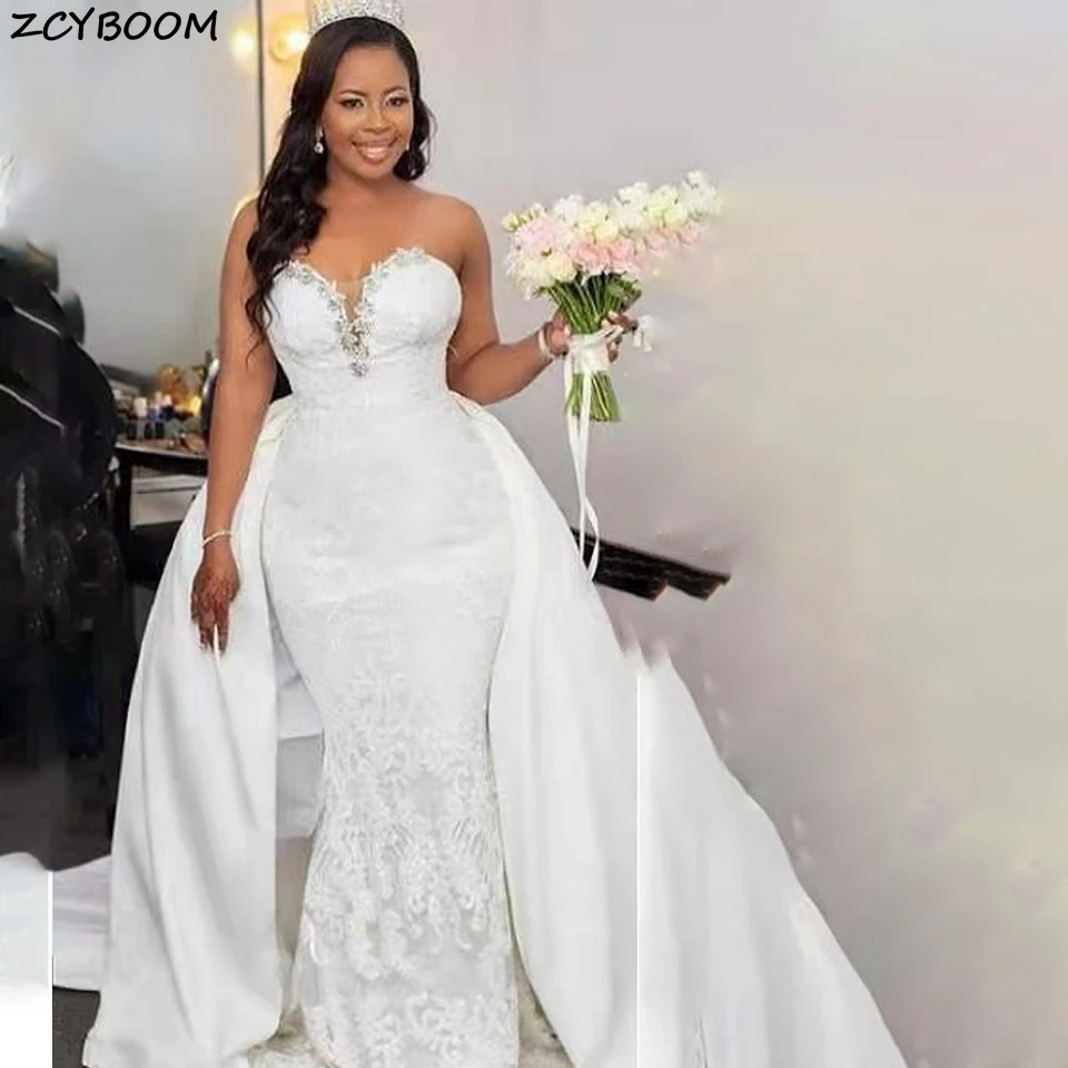 Vestidos de novia africanos de sirena con Apliques de encaje sin tirantes, sexys, personalizados, sin espalda, tren de corte desmontable, vestidos de novia de tul 2023