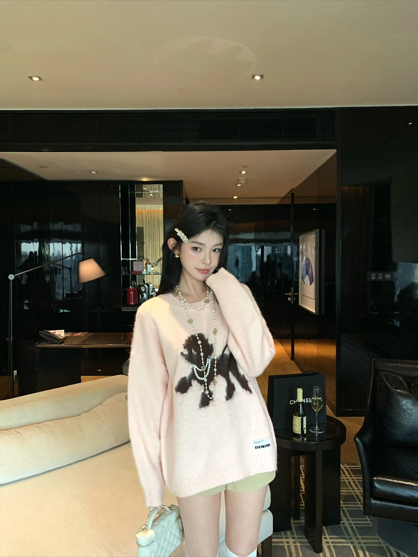 

Pink Knitted Alpaca Wool Sweater round Ne Soft Comfortable Women's Casual Sle Long Sve Faionable Embellied Top