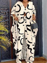 Matching Set Women Spring Summer Loungewear V-Neck Flare Sleeve X-Long Tops Wide Leg Pants 2PCS Outfit Streetwear Dropshipping