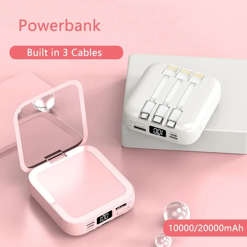 New Mini power bank 20000mAh with makeup mirror, fast charging, portable charger, power bank with cable, mobile phone power bank