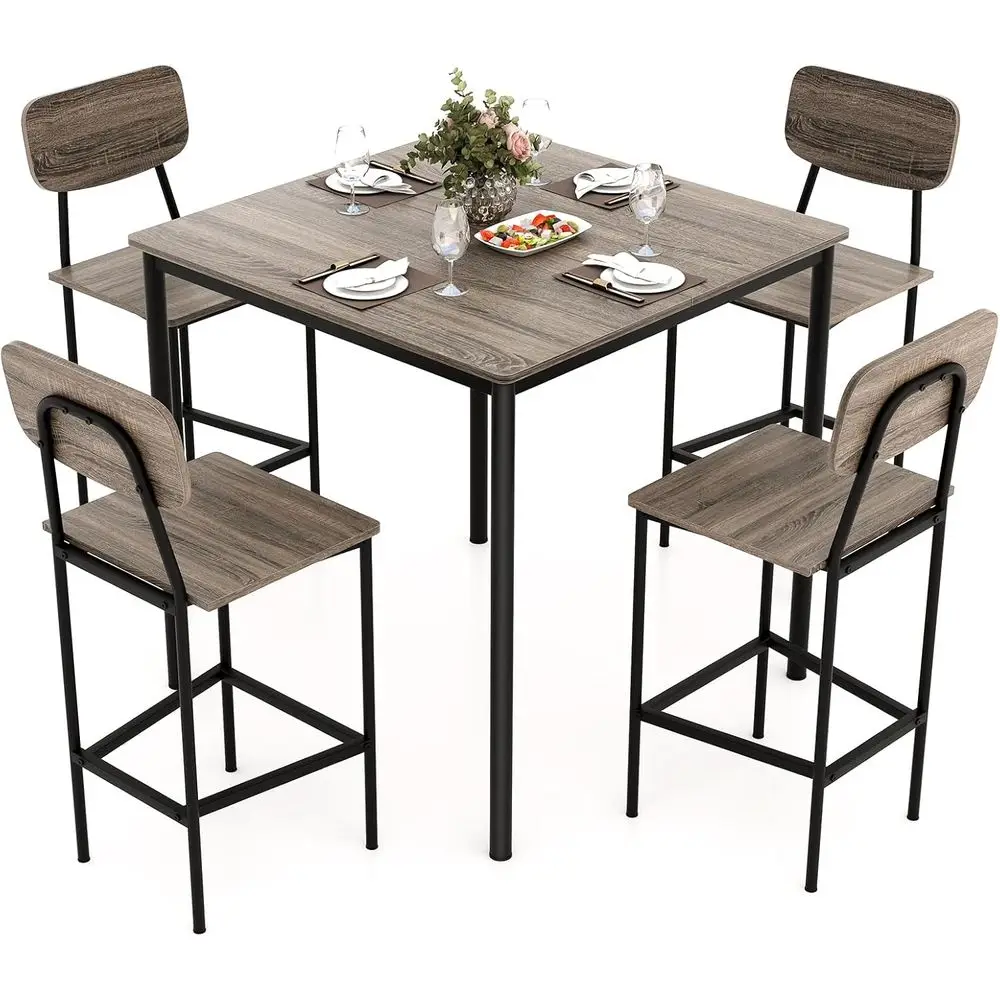 

5-Piece Counter Height Dining Set with 4 Bar Stools, Grey Oak Finish for Small Spaces