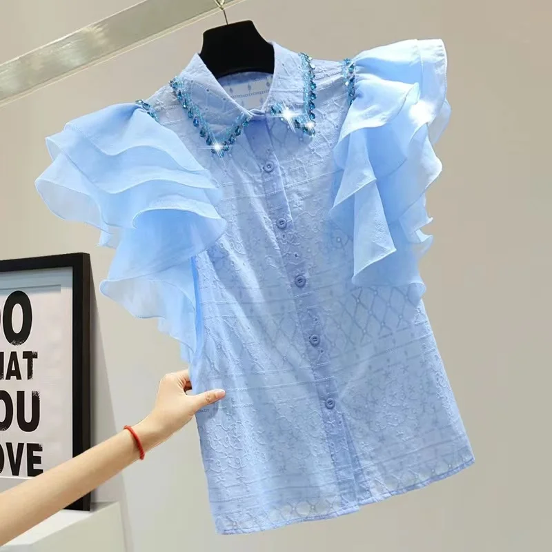 Luxury 2024 Summer Blue Shirt Ruffles Short Sleeve Diamonds Stitch Collar Shirts Blouses For Women Sweet Chic Tops Blusas