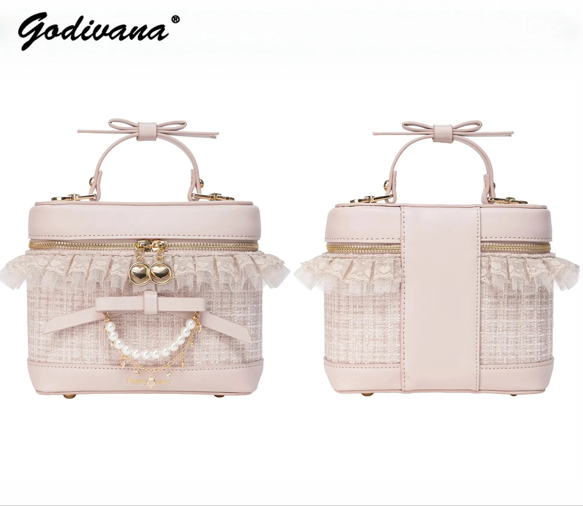 Original Lolita Sweet Tweed Crossbody Bag Sweet Girls Women's Pearl Chain Portable Mini Handbag Small Bucket Bags